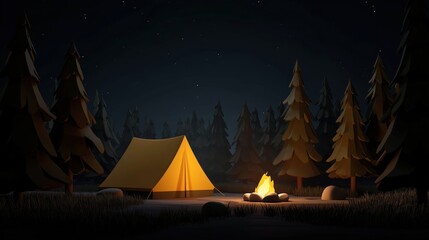cozy campsite with yellow tent, bonfire, pine trees, starry night sky, warm lighting from campfire, stylized semi-realistic textures.