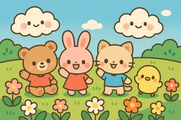 Naklejka premium Cute Cartoon Animals in a Colorful Nature Scene with Flowers