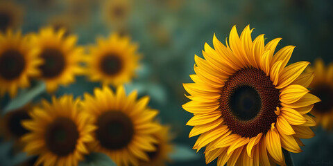 Obraz premium a close-up of a sunflower in the foreground. The sunflower is prominently positioned on the right side of the image, displaying bright yellow petals radiating from a dark brown center
