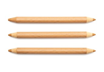 Obraz premium Three unsharpened double ended wood colored pencils arranged horizontally on a white background studio shot