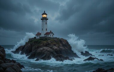 Obraz premium Lighthouse on Rocky Island with Crashing Waves Under Stormy Sky