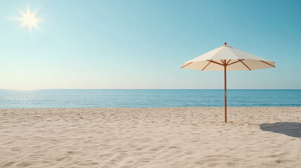 Fototapeta premium Serene beach scene featuring white umbrella casting shadow soft sand, with calm ocean background