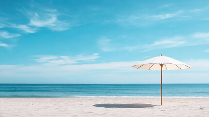 Serene beach scene featuring white umbrella soft sand, with vibrant blue sky and calm ocean