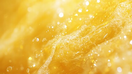 Golden water with bubbles on a yellow background, closeup