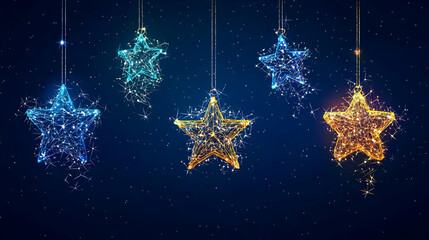 Fototapeta premium Hanging Star Decorations In Gold And Blue