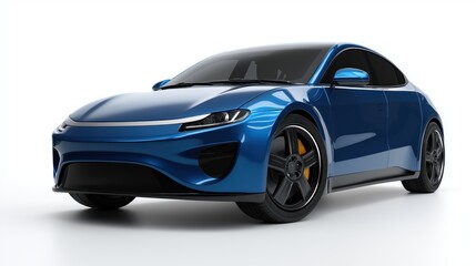 Fototapeta premium Futuristic electric blue electric car mockup, front angle, modern aerodynamic design, high detail, isolated on white background