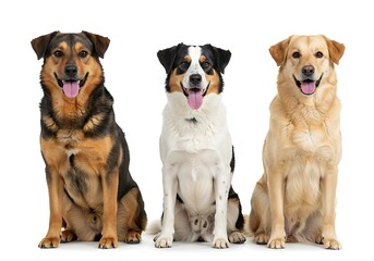 Fototapeta premium Three dogs sitting side by side on a white background with their tongues out and looking forward