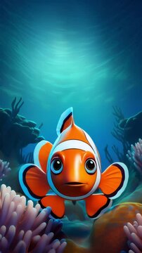Cute Cartoon Clownfish Character Underwater