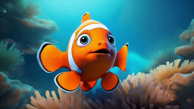 Cute Cartoon Clownfish Character Underwater