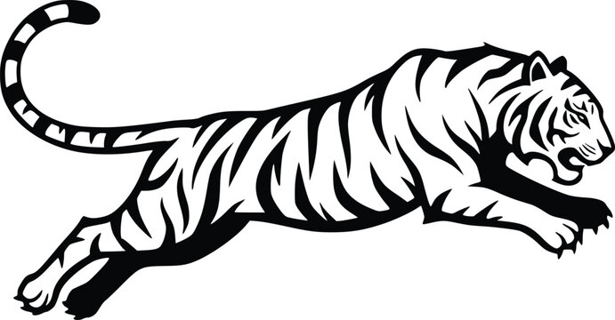 Black and white silhouette of a tiger in mid-leap isolated vector illustration 
