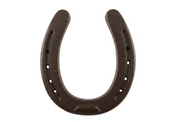 A close up shot of a dark brown horseshoe with nail holes on a plain white background in studio lighting