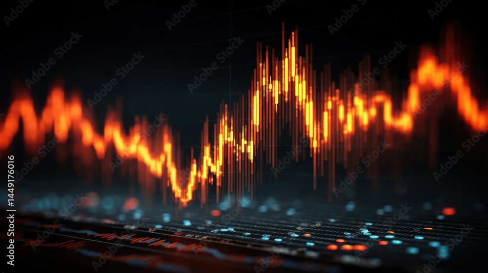 Poster computer screen displaying financial chart with data analysis for investment opportunities in volati