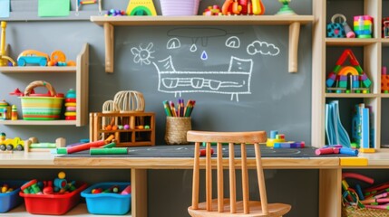 A creative kids study area chalkboard desk, colorful chalk, wood chair, educational toy shelves, plain design.