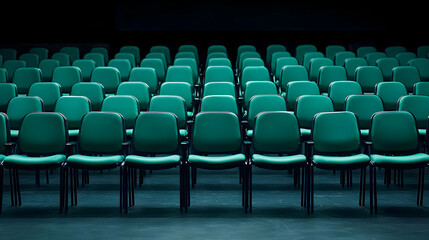 Empty Auditorium With Rows Of Teal Chairs