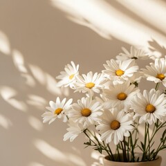 Fototapeta premium Elegant Arrangement of Pure White Flowers in a Classic Glass Vase Set Against a Soft Neutral Background