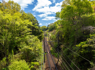 木々の中を通る能勢電鉄妙見線の線路