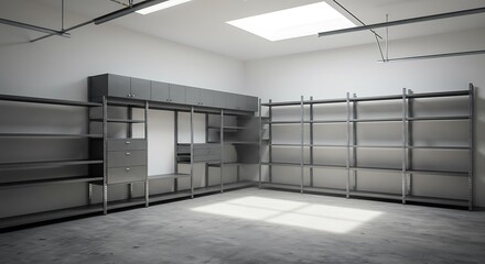 Empty garage with metallic shelves