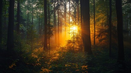 Obraz premium Sun shining through a misty forest. Golden light on trees, nature background