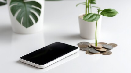 Plant alongside a mobile cell phone representing financial wellbeing tech platforms and digital measurement concepts