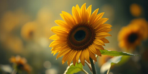 Fototapeta premium a close-up of a sunflower in the foreground. The sunflower is prominently positioned on the right side of the image, displaying bright yellow petals radiating from a dark brown center