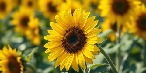 Obraz premium a close-up of a sunflower in the foreground. The sunflower is prominently positioned on the right side of the image, displaying bright yellow petals radiating from a dark brown center
