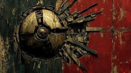 Ornamental, metallic disc embedded in weathered wood paneling.