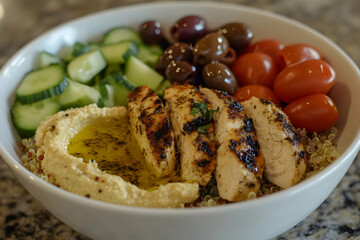 Fototapeta premium Grilled Chicken Meets Quinoa, Hummus, and Fresh Veggies in a Bowl
