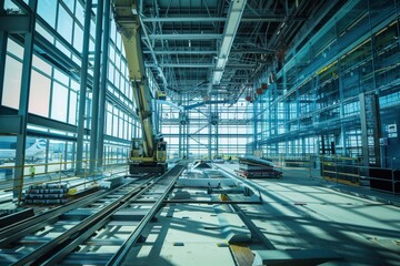 Obraz premium Futuristic airport terminal under construction steel frameworks automated machinery installing glass panels buildings.
