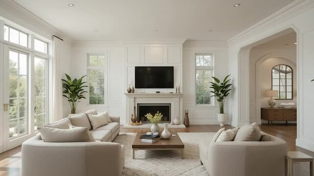 Spacious light filled living room interior design photography