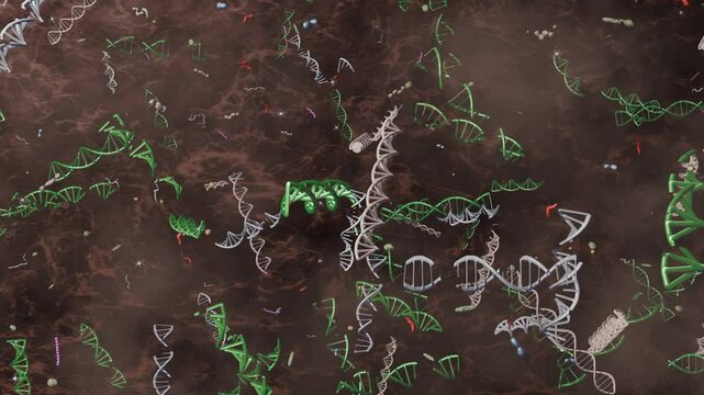 Fragments of DNA in soil underground. DNA, EDNA pieces in earth and mud. 3d animation rendering. 