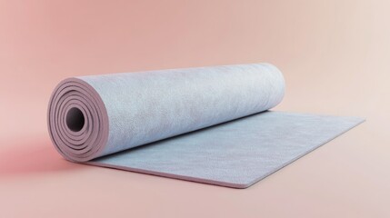 Rolled-up light-gray exercise mat on a pink background