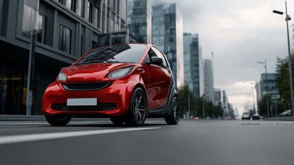 Obraz premium red Electric car mockup in modern urban street, daylight, minimal traffic, futuristic city in the background