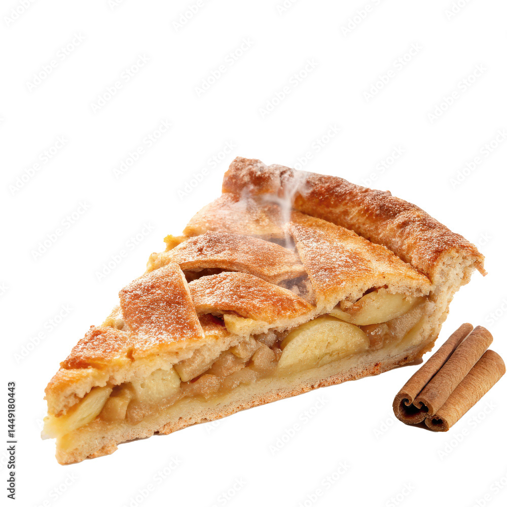 Poster Slice of apple pie with golden crust and cinnamon sticks evokes warmth and comfort. pie lattice top reveals tender apple filling, perfect for cozy dessert