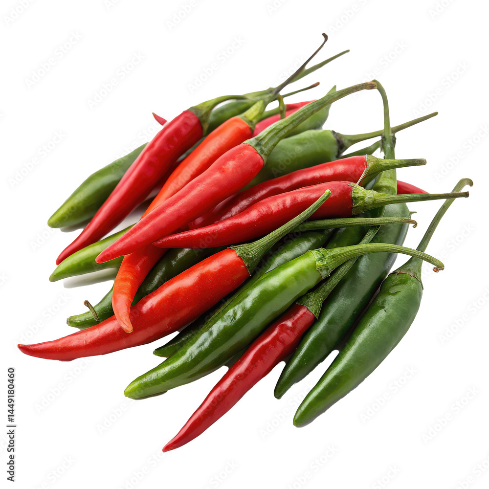 Poster bundle of vibrant red and green bird eye chilies is isolated on transparency background, showcasing 