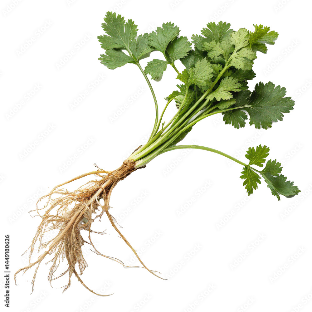 Poster fresh coriander leaves with roots attached, isolated on transparency background, showcasing vibrant 