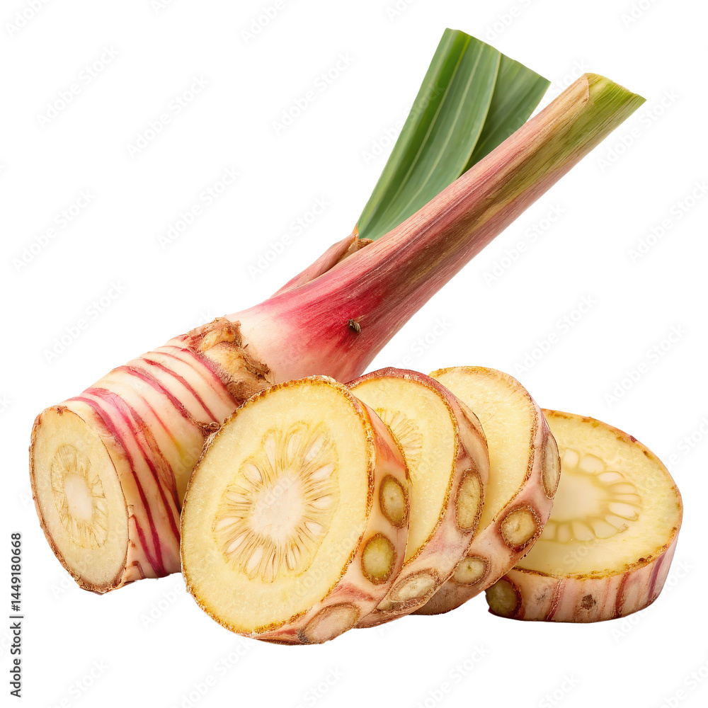 Poster fresh galangal root with sliced sections revealing intricate interior patterns, showcasing its uniqu