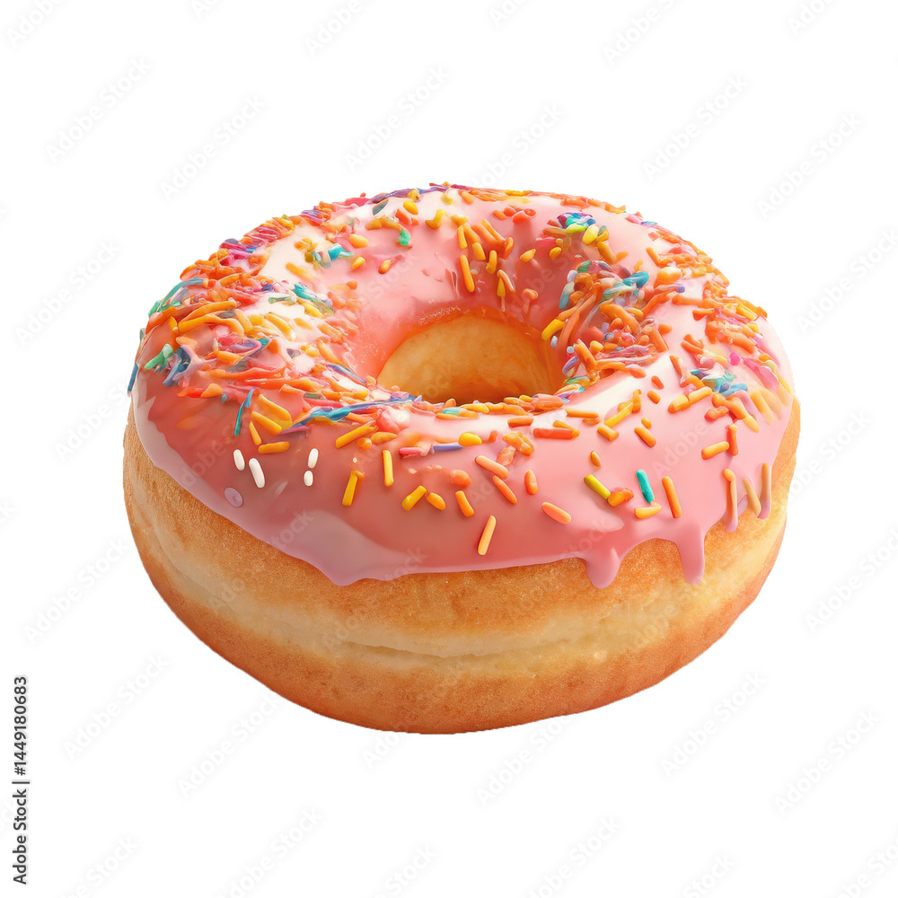 Poster Glazed donut with colorful sprinkles is placed on transparency background, showcasing its vibrant and appetizing appearance. pink icing and multicolored sprinkles add playful touch