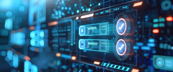 Fototapeta premium Futuristic loan application interface glows with soft light, holographic buttons, progress bar, tech designs and organic shapes.