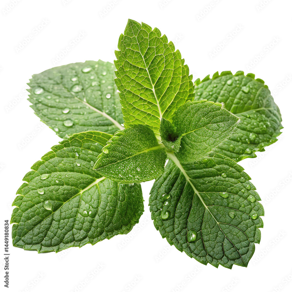 Poster fresh mint leaves with water droplets on transparency background, showcasing their vibrant green col