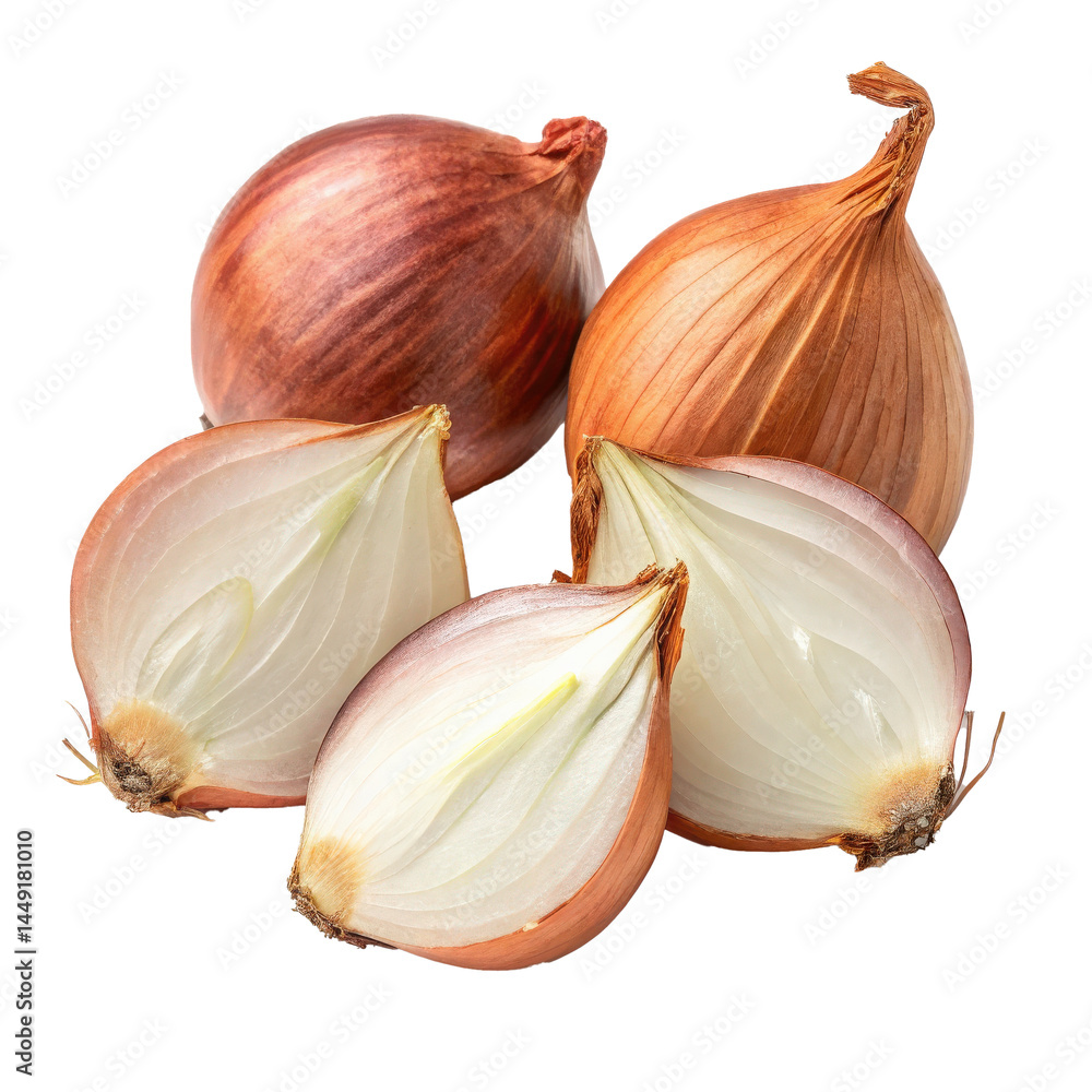 Poster whole and halved shallots with skin on are displayed, showcasing their natural texture and layers. s
