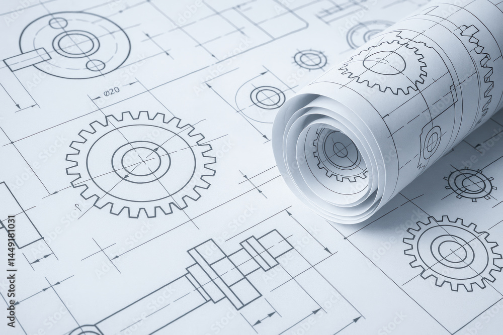 Poster mechanical consulting concept with technical drawing of gear and machinery parts rolled on blueprint
