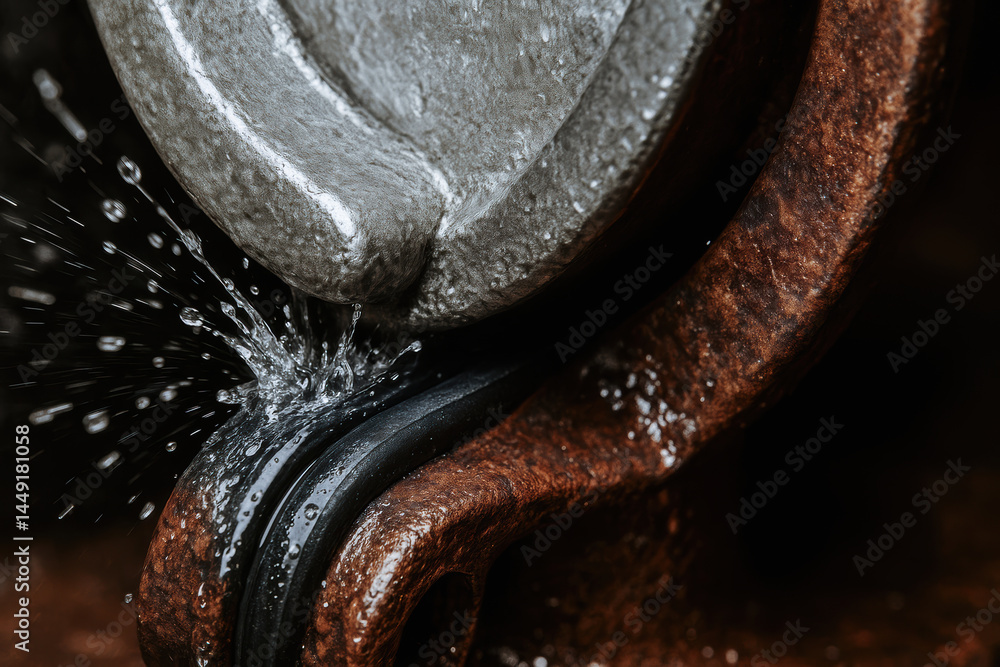 Poster rusty mechanical part with water splashing highlights importance of consulting for maintenance and r