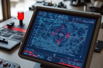 Futuristic control panel with a detailed map display  A high-tech interface with targeting indicators and navigational data