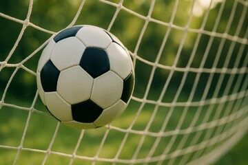 Soccer Ball Caught in Goal Net on Sunny Day in Outdoor Field with Blurred Green Background