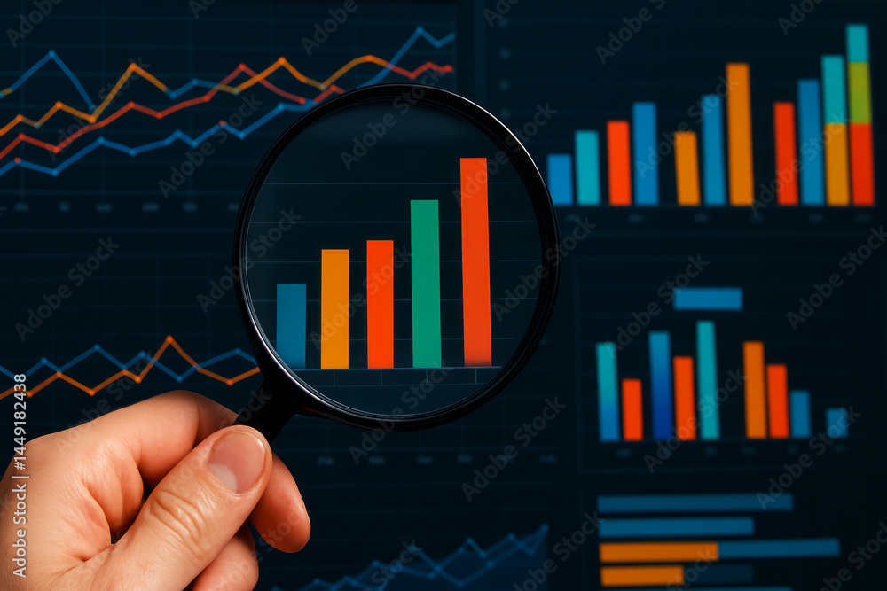 Poster hand holding magnifying glass over colorful business charts and graphs representing data analysis