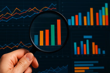 Hand Holding Magnifying Glass Over Colorful Business Charts and Graphs Representing Data Analysis