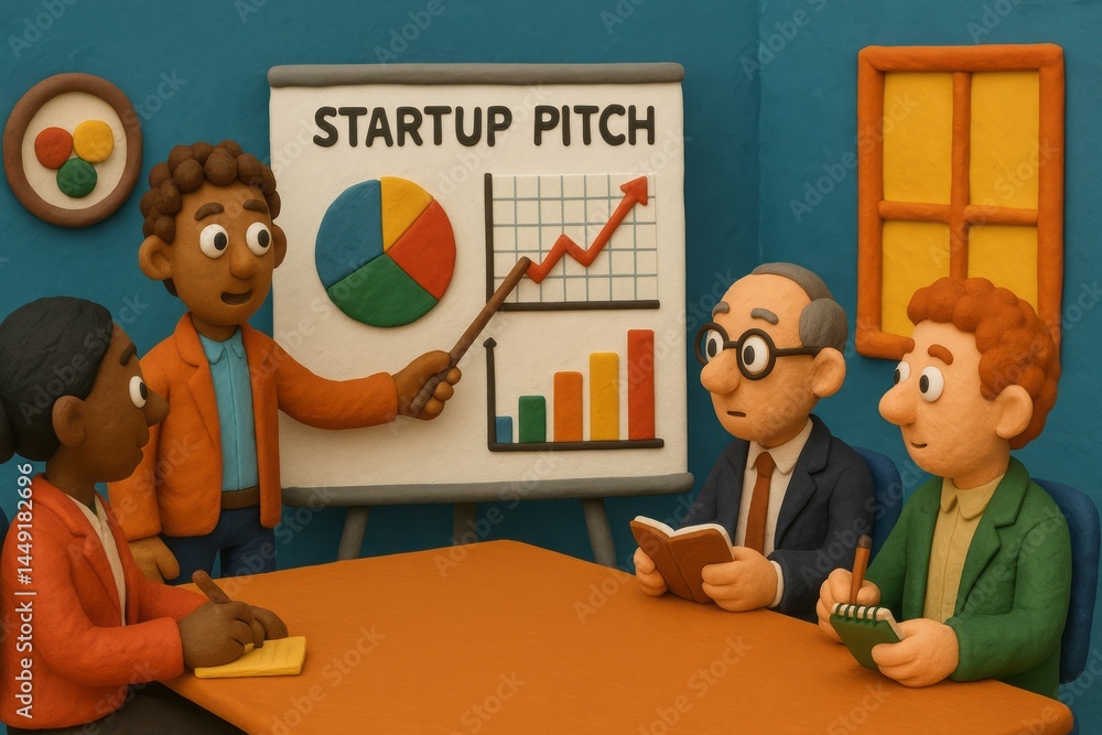 Poster business meeting with colorful presentation on startup idea in clay animation style
