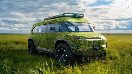 Fototapeta premium Grassland Camo SUV: Electric Off-Road Vehicle - Sustainability