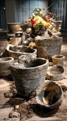 Fototapeta premium Ancient Pottery and Floral Arrangement A Still