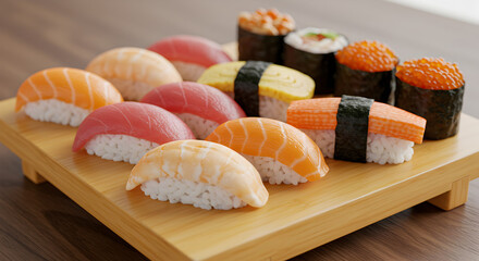 Assorted Sushi Platter on Light Wood Board